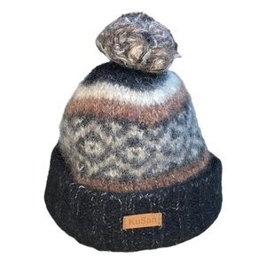 KUSAN WOOL NAPAL BLACK BROWN GREY BEANIE POMPOM BALL HAT